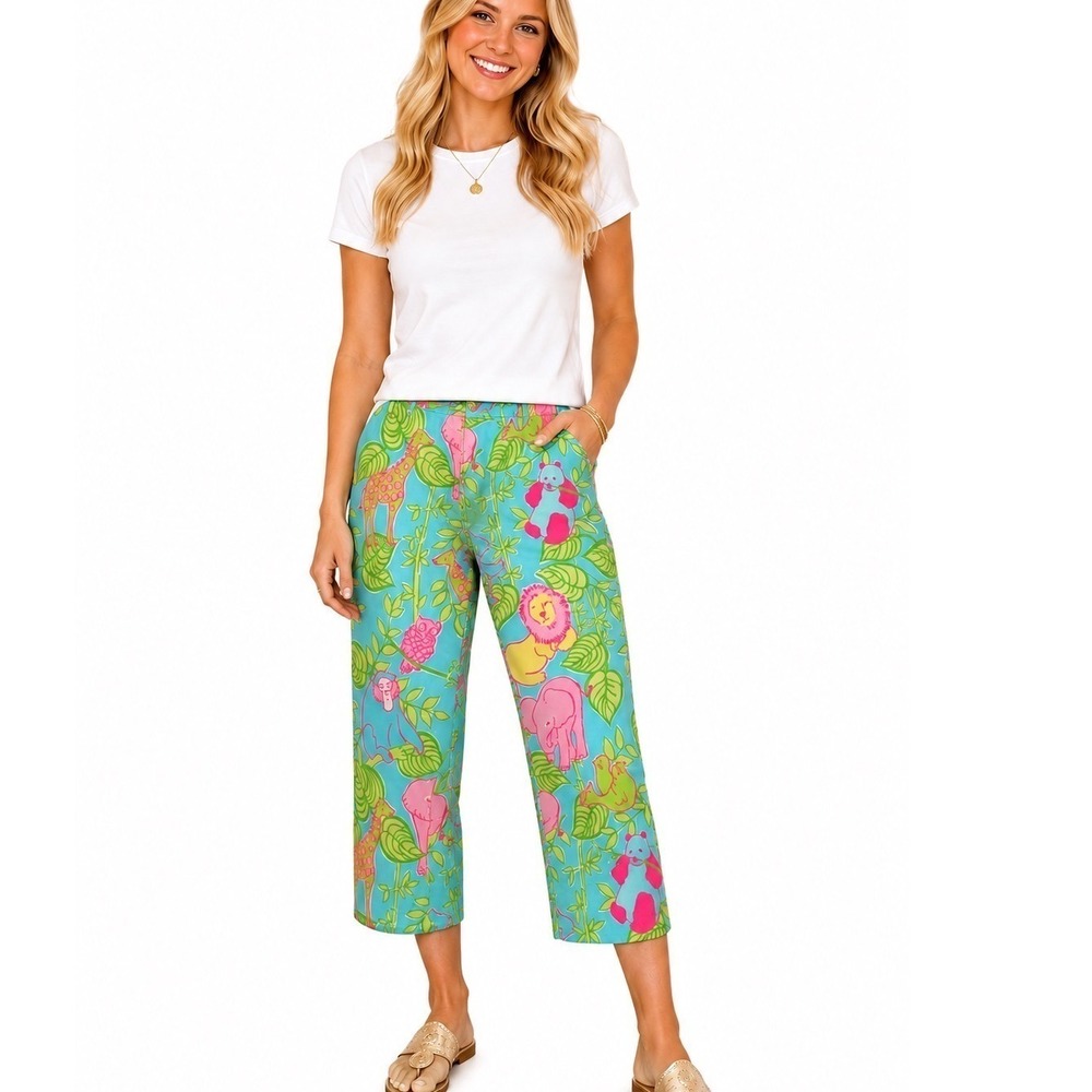 Vintage Lilly Pulitzer Party Animals Safari Print Cropped Pants Pink Petite 8P
